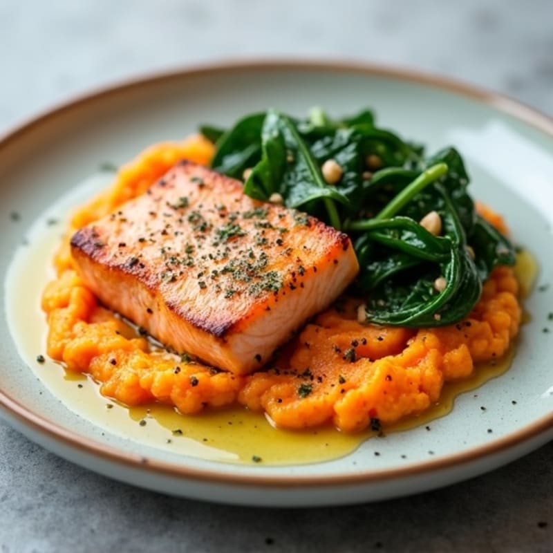 Seared Salmon with Garlic Spinach and Sweet Potato Mash