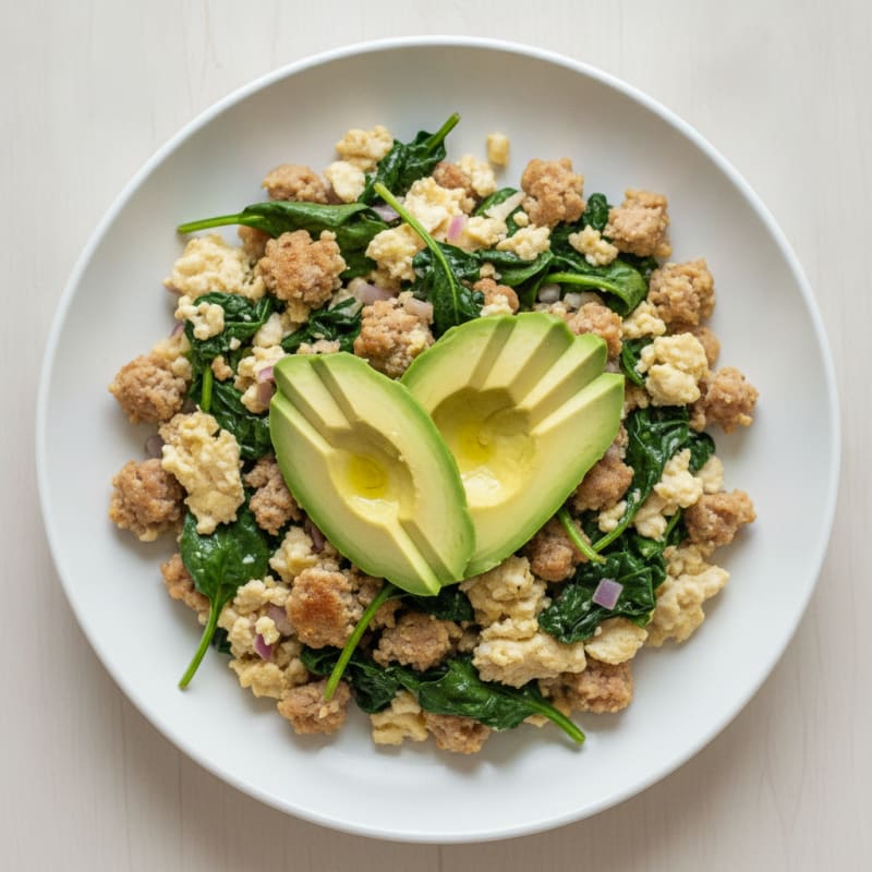 Egg White Scramble with Turkey Sausage and Sautéed Spinach