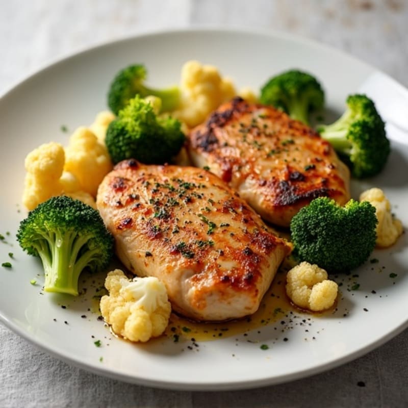Seared Chicken Thighs with Roasted Broccoli and Cauliflower