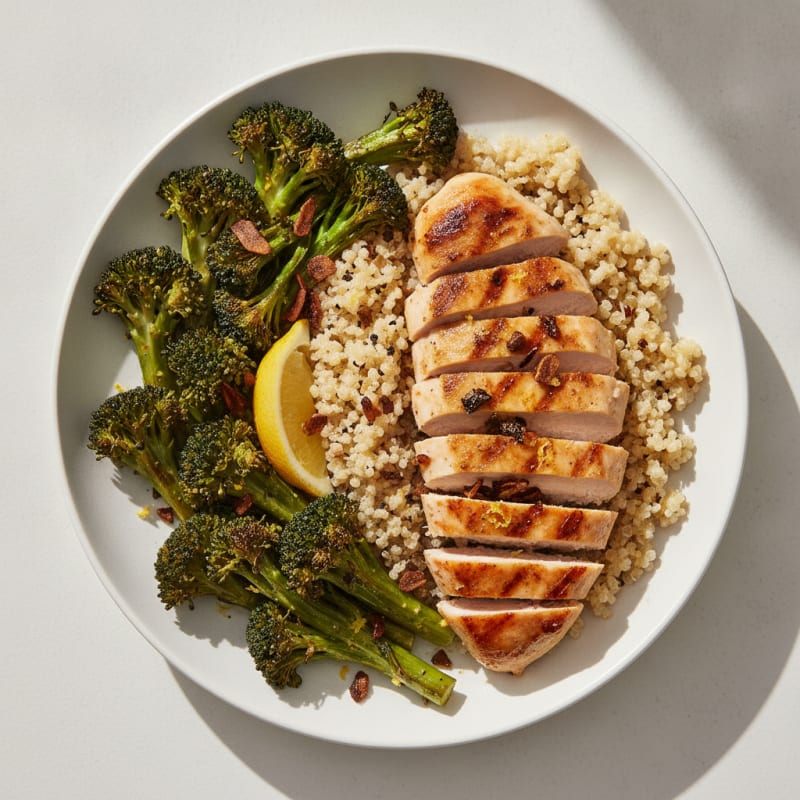 Grilled Chicken and Quinoa Bowl with Roasted Broccoli