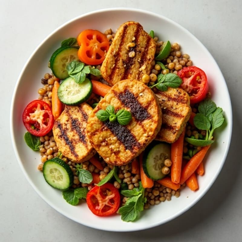 Grilled Tempeh and Lentil Salad with Crunchy Vegetables
