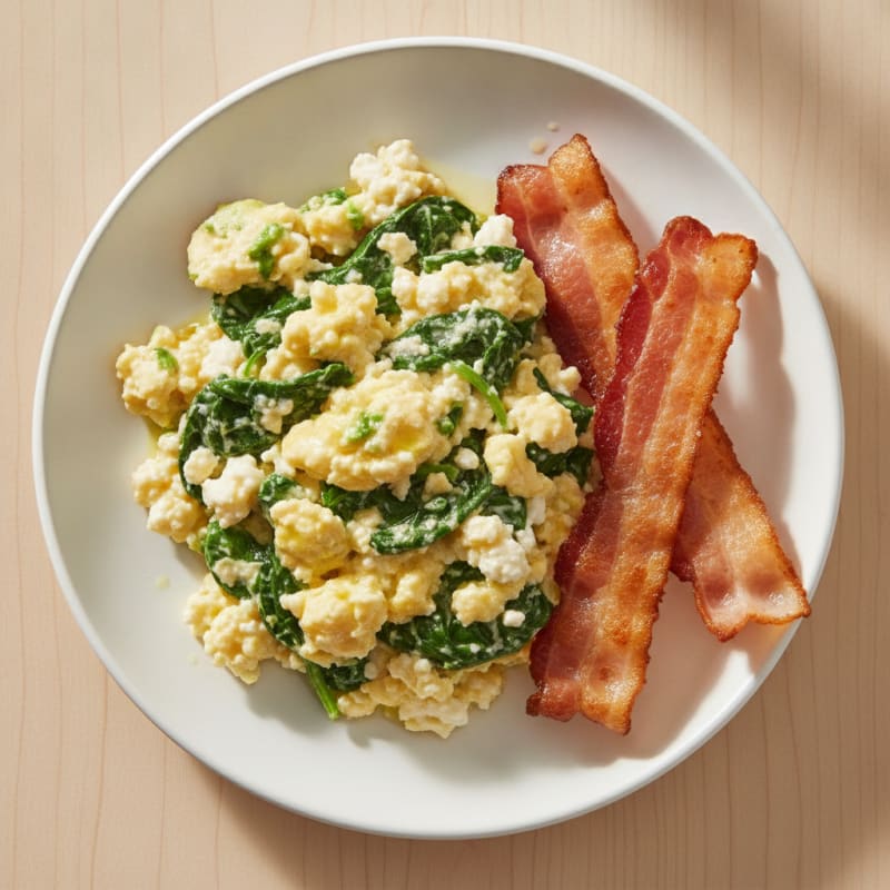 Cottage Cheese Scramble with Spinach and Turkey Bacon