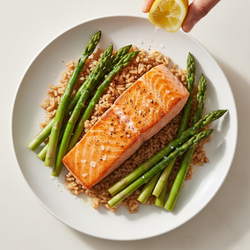 Seared Salmon with Steamed Asparagus and Brown Rice