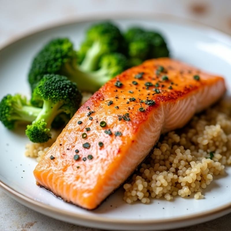 Seared Salmon with Steamed Broccoli and Quinoa