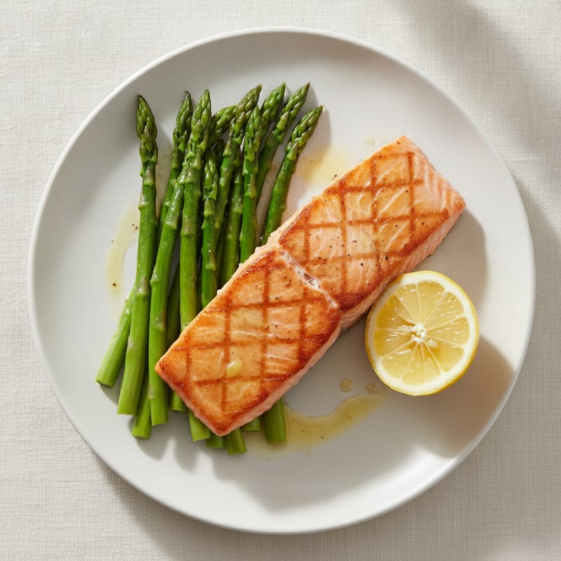 Seared Salmon with Steamed Asparagus and Lemon