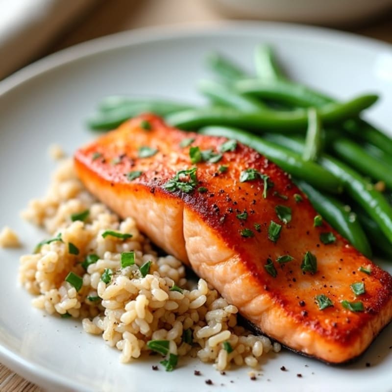 Seared Salmon Fillet with Steamed Green Beans and Brown Rice