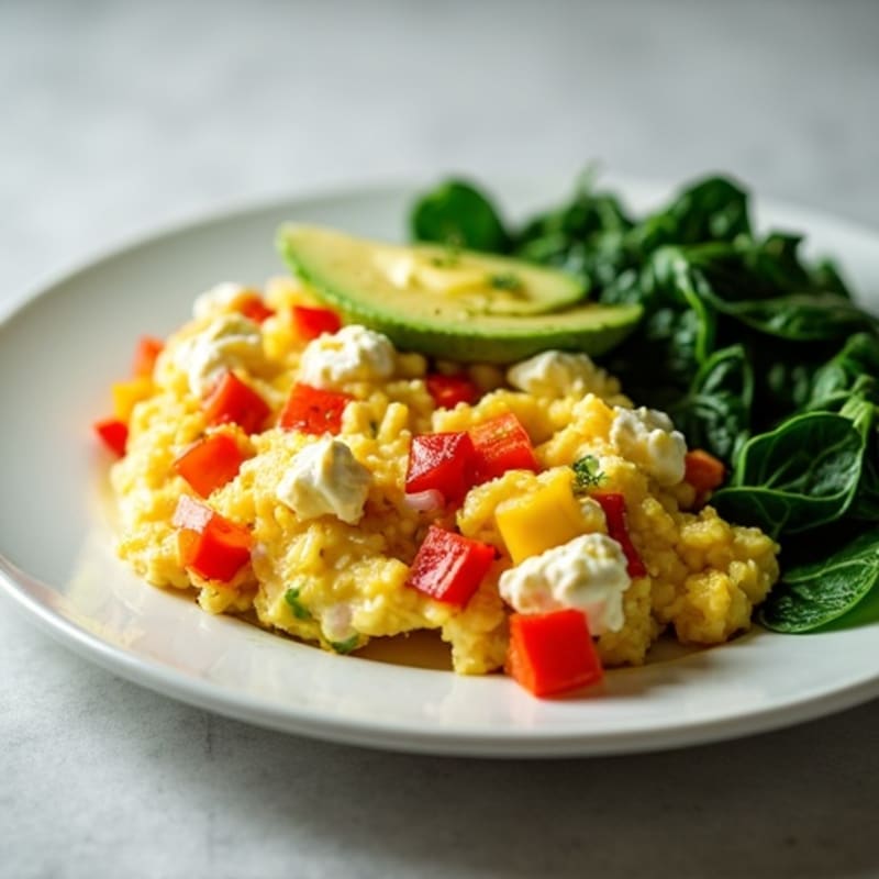 Egg White Veggie Scramble with Cottage Cheese and Sautéed Spinach