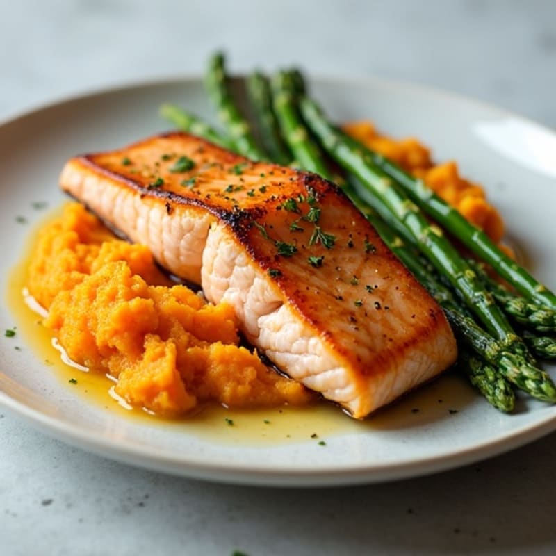 Pan-Seared Salmon with Steamed Asparagus and Sweet Potato Mash