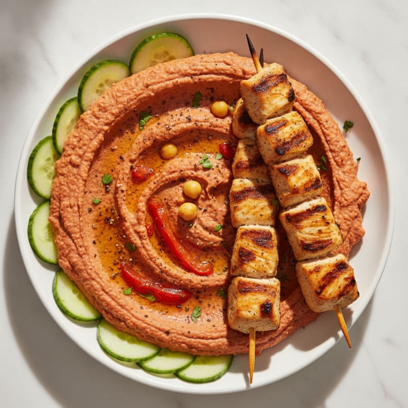 Roasted Red Pepper Hummus Dip with Grilled Chicken Skewers