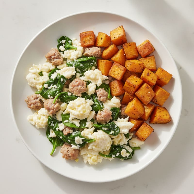 Egg White and Turkey Sausage Scramble with Spinach and Roasted Sweet Potato