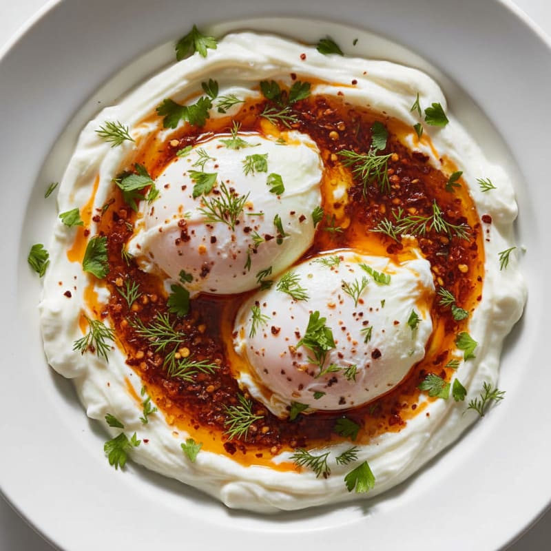 Garlic Yogurt Poached Eggs with Chili Oil