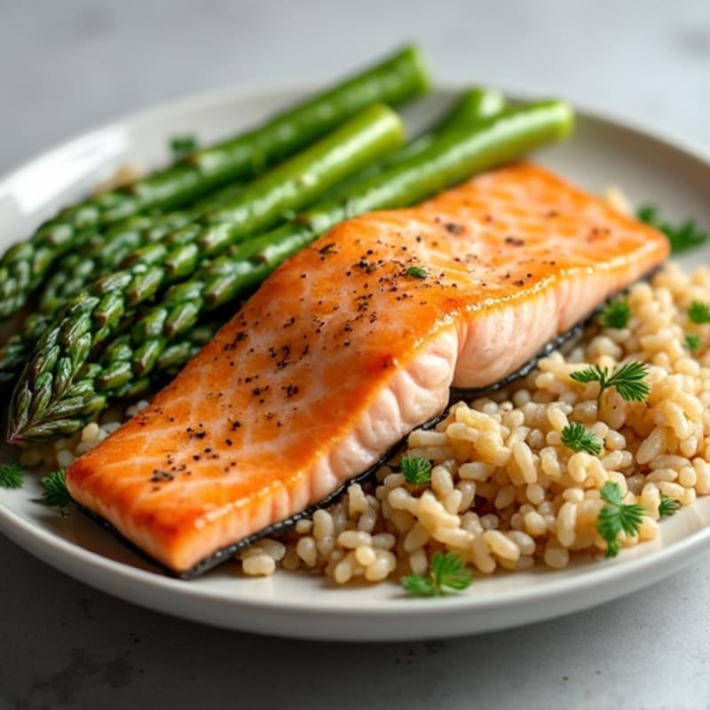 Seared Salmon Fillet with Steamed Asparagus and Herbed Brown Rice
