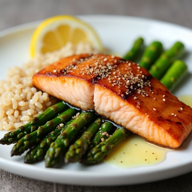 Seared Salmon with Roasted Asparagus and Brown Rice