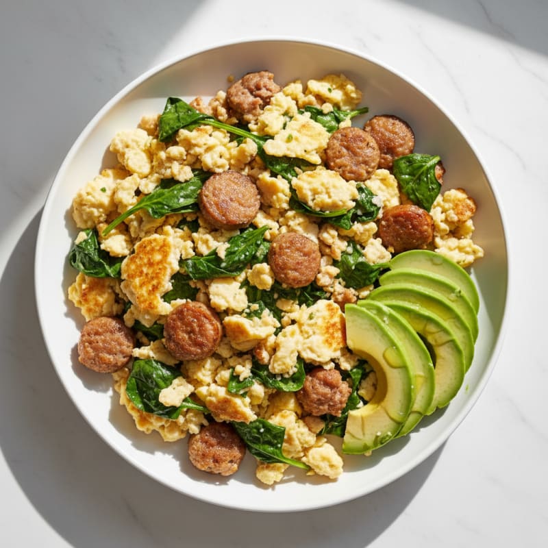 Egg White Scramble with Turkey Sausage and Sautéed Spinach