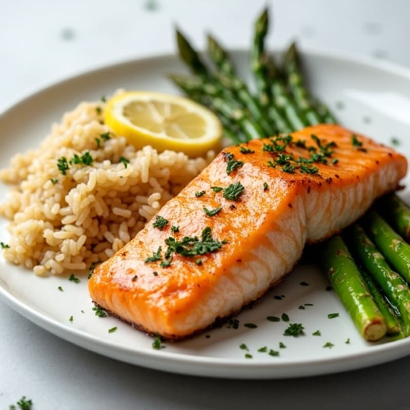 Seared Salmon with Steamed Asparagus and Brown Rice