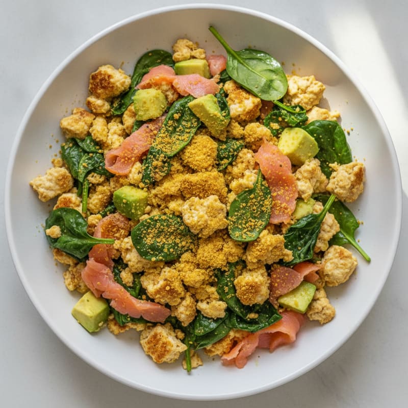 Silky Tofu Scramble with Spinach and Smoked Salmon