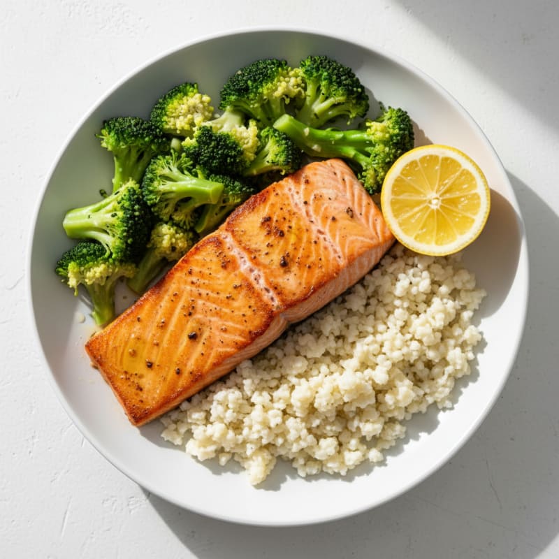 Seared Salmon with Steamed Broccoli and Cauliflower Rice