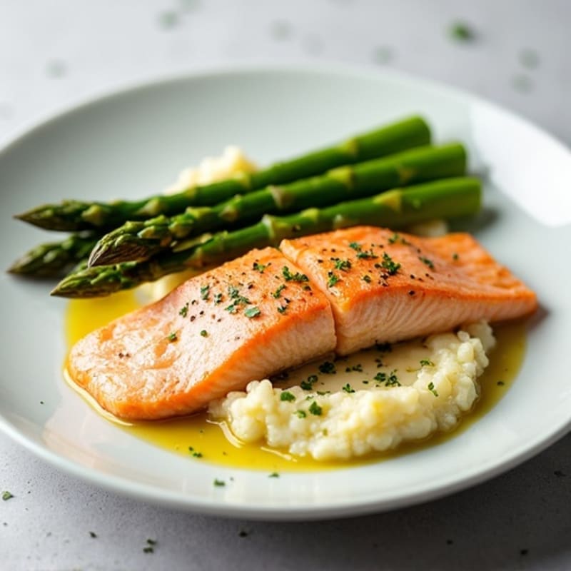 Seared Salmon with Steamed Asparagus and Garlic Cauliflower Mash
