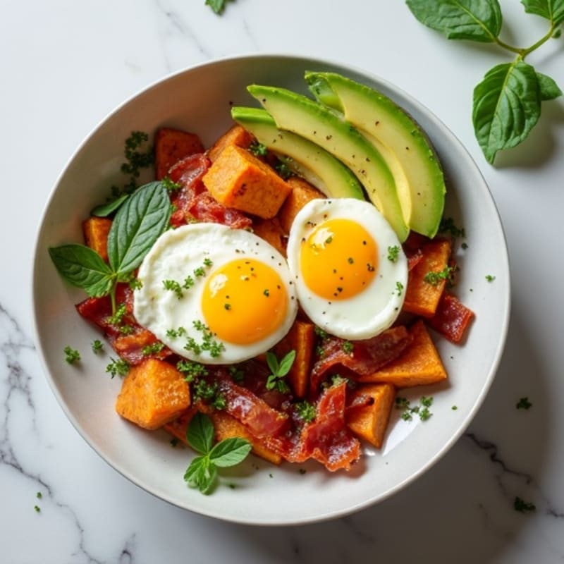 Poached Eggs with Creamy Avocado, Crispy Turkey Bacon, and Roasted Sweet Potato