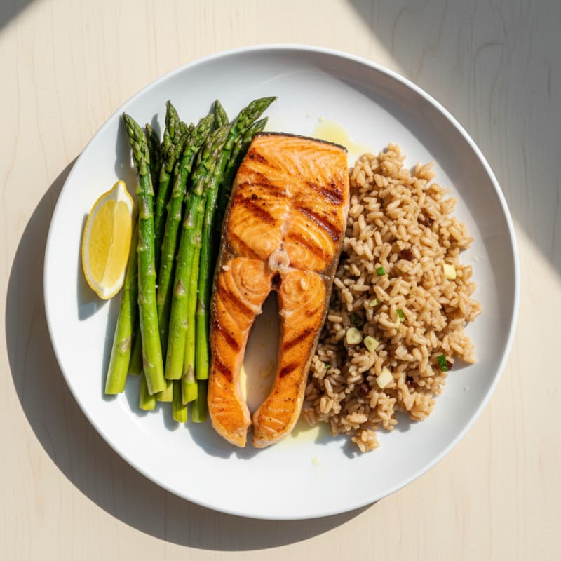 Seared Salmon with Steamed Asparagus and Brown Rice
