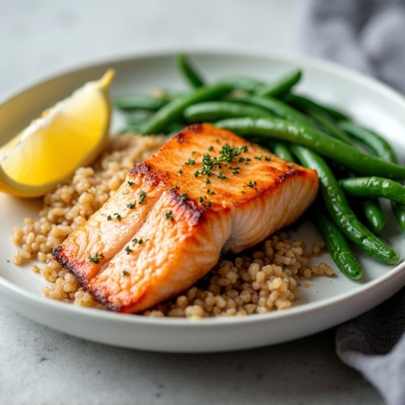 Seared Salmon Filet with Garlic Green Beans and Brown Rice