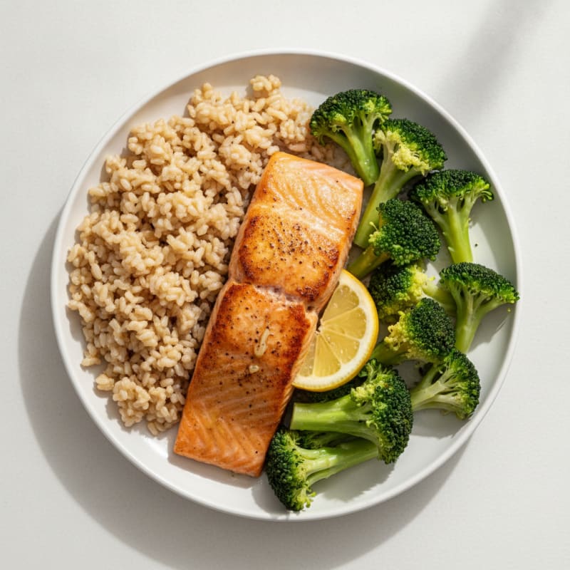 Seared Salmon with Steamed Broccoli and Brown Rice