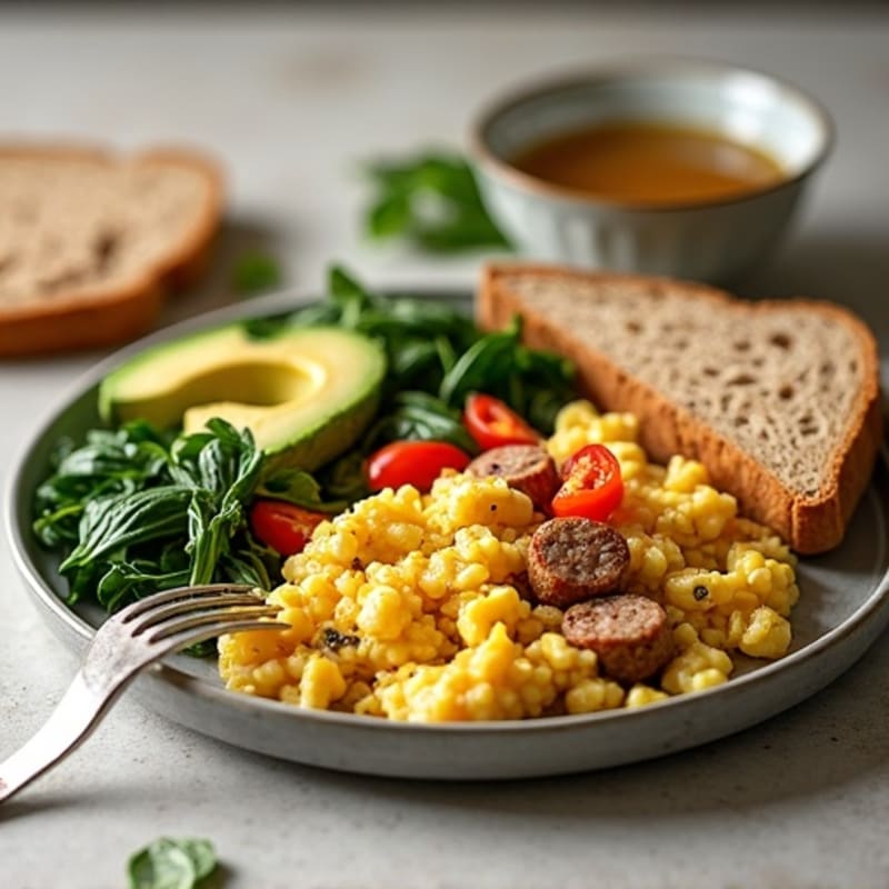 Egg White and Turkey Sausage Scramble with Sautéed Spinach