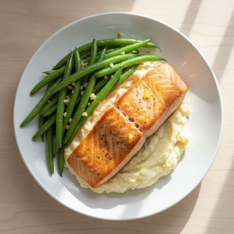 Seared Salmon Fillet with Garlic Green Beans and Cauliflower Mash