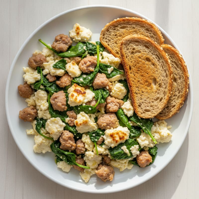 Egg White and Turkey Sausage Scramble with Sautéed Spinach and Feta