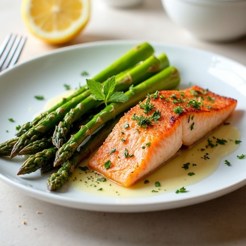 Crispy Pan-Seared Salmon with Lemon-Herb Roasted Asparagus