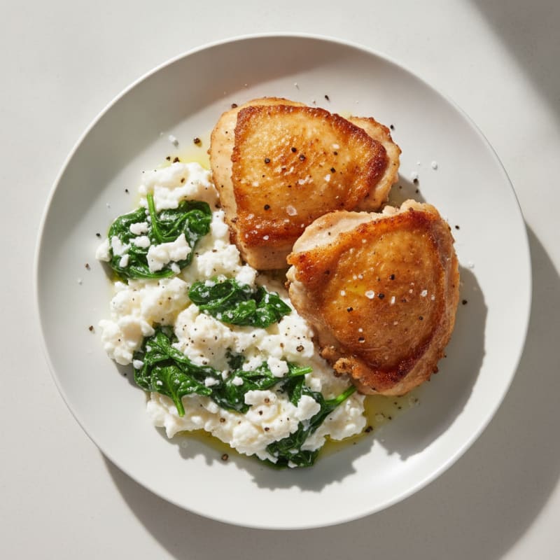 Crispy Chicken Thigh and Egg White Scramble with Spinach