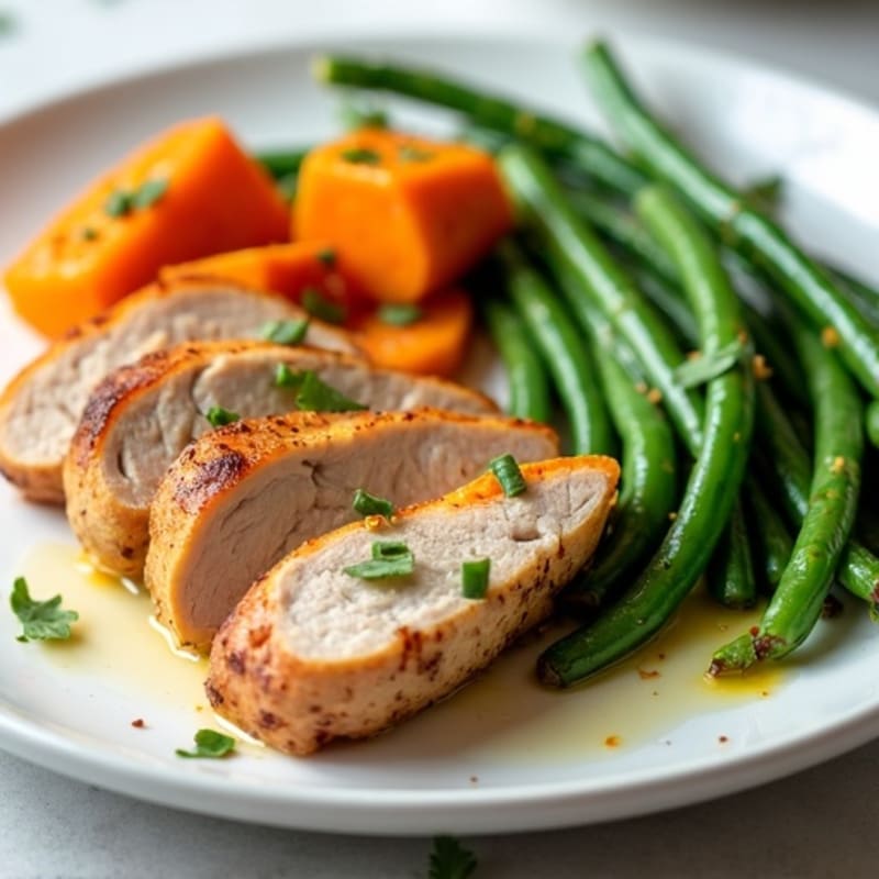 Seared Turkey Breast with Roasted Sweet Potatoes and Green Beans