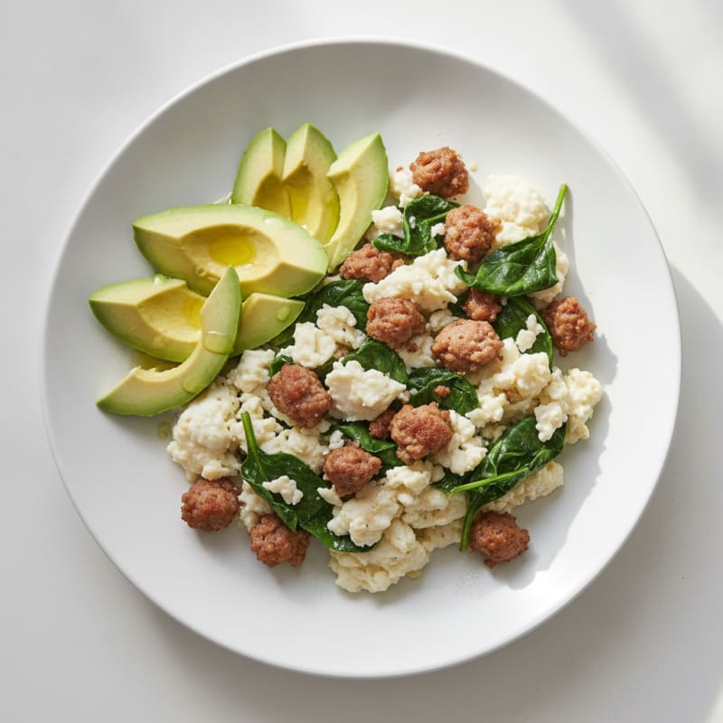 Scrambled Egg Whites with Turkey Sausage and Sautéed Spinach