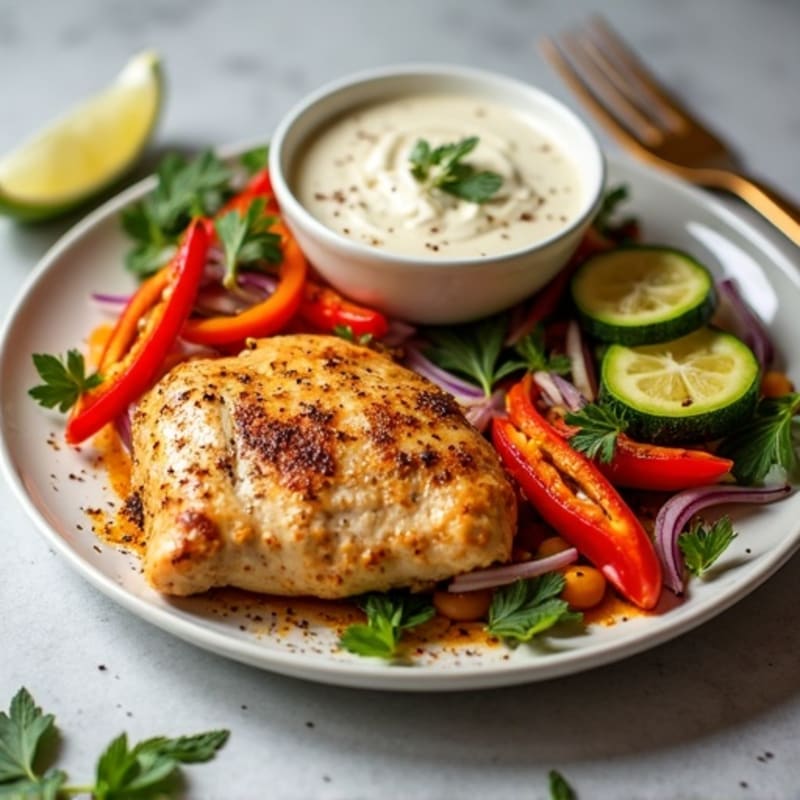 Roasted Spiced Chicken with Fresh Vegetables and Creamy Garlic Sauce