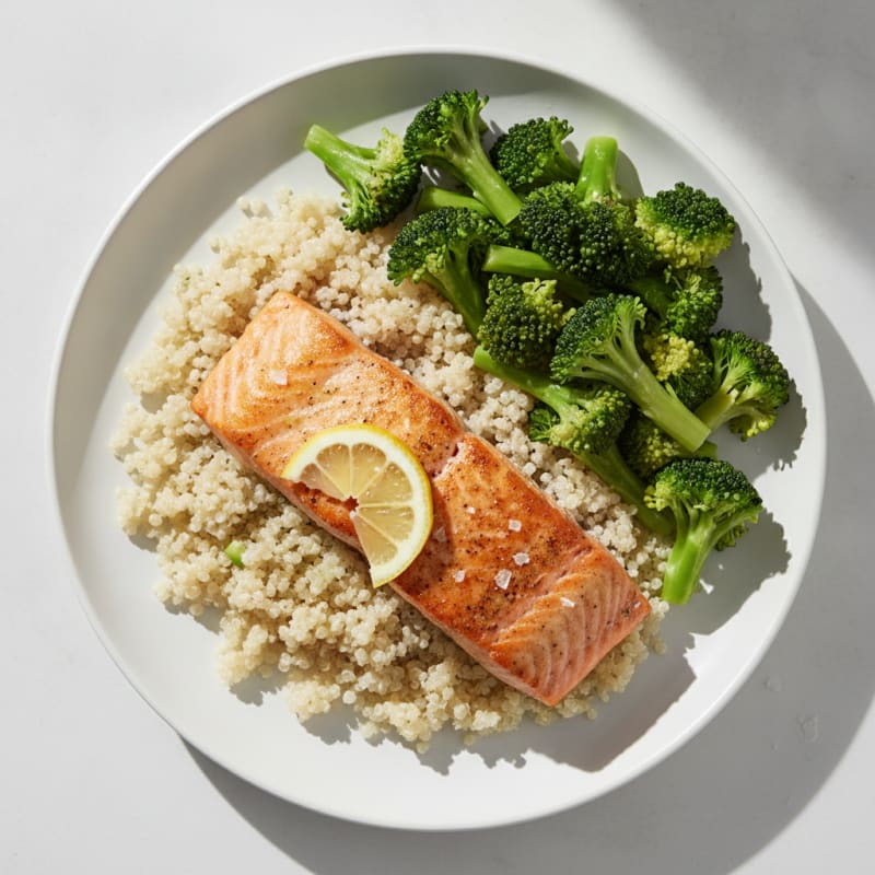 Seared Salmon with Steamed Broccoli and Quinoa