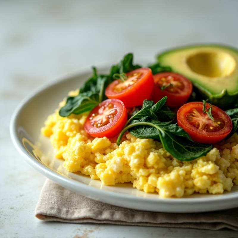 Fluffy Egg White Scramble with Fresh Spinach and Cherry Tomatoes