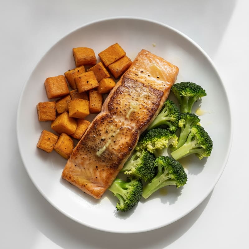 Seared Salmon Filet with Steamed Broccoli and Roasted Sweet Potato