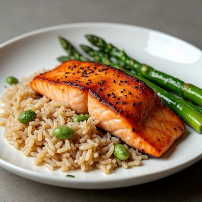 Seared Salmon Fillet with Roasted Asparagus and Brown Rice