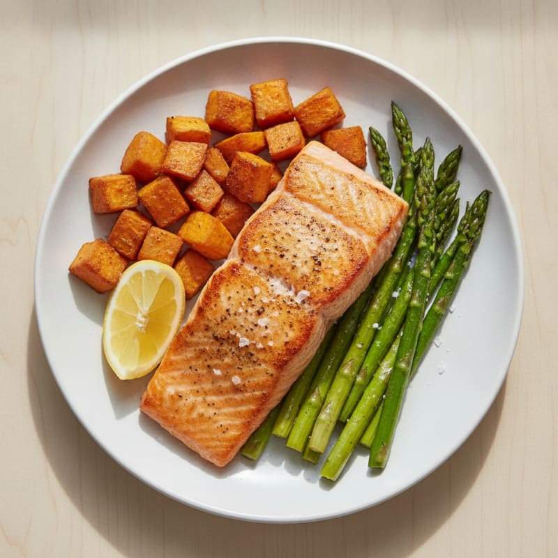 Seared Salmon with Roasted Sweet Potatoes and Asparagus