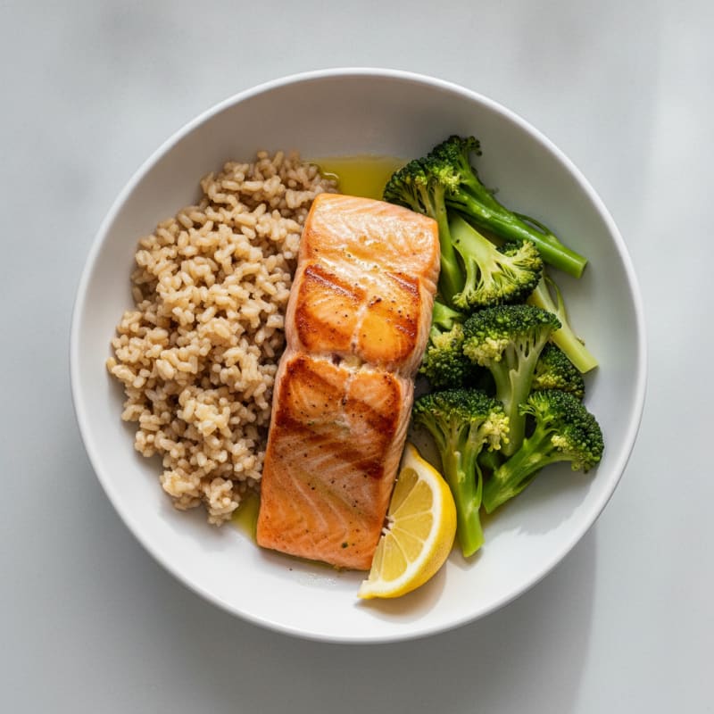 Seared Salmon with Steamed Broccoli and Brown Rice
