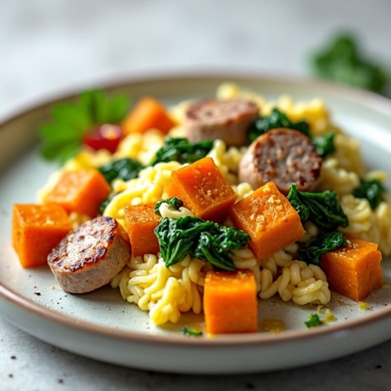 Egg White and Turkey Sausage Scramble with Spinach and Roasted Sweet Potatoes