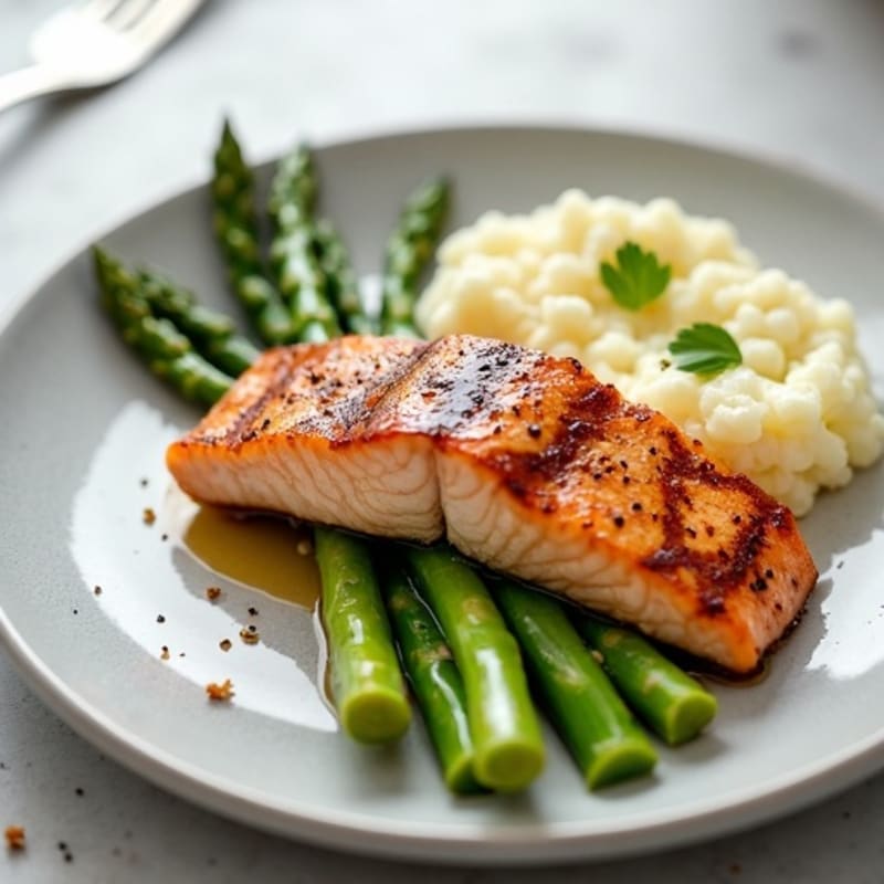 Seared Salmon with Steamed Asparagus and Garlic Mashed Cauliflower