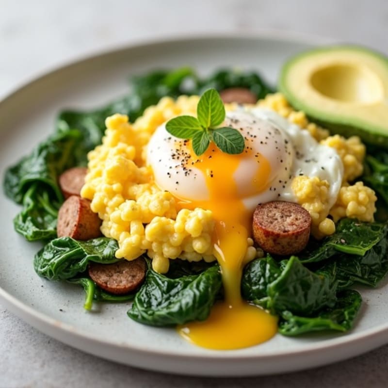 Egg White Scramble with Turkey Sausage and Sautéed Spinach