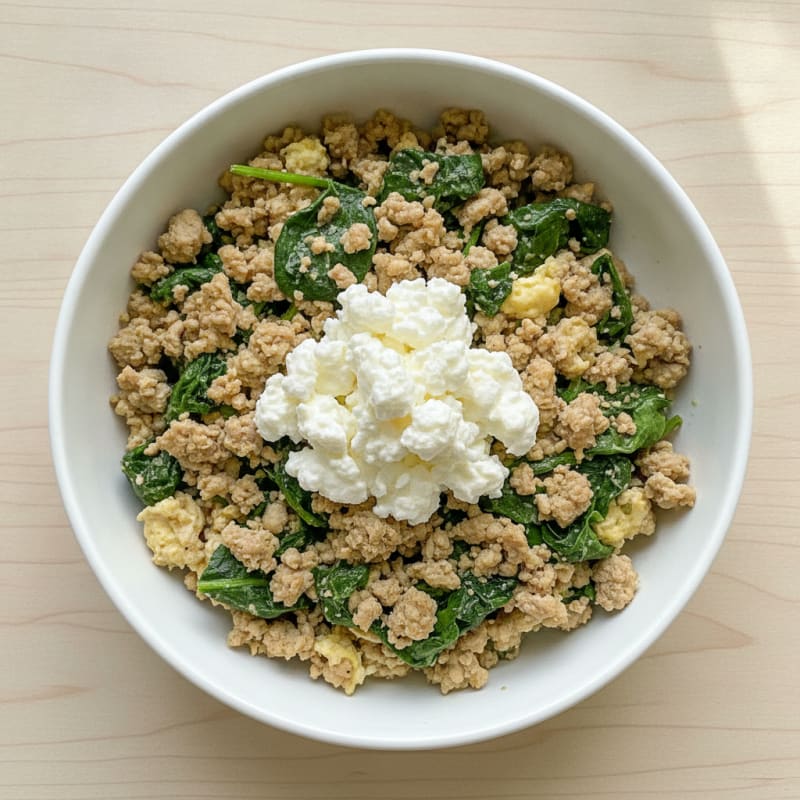 Egg White and Turkey Spinach Scramble with Cottage Cheese