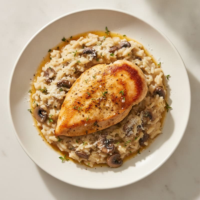 Mushroom Risotto with Parmesan and Herb-Roasted Chicken