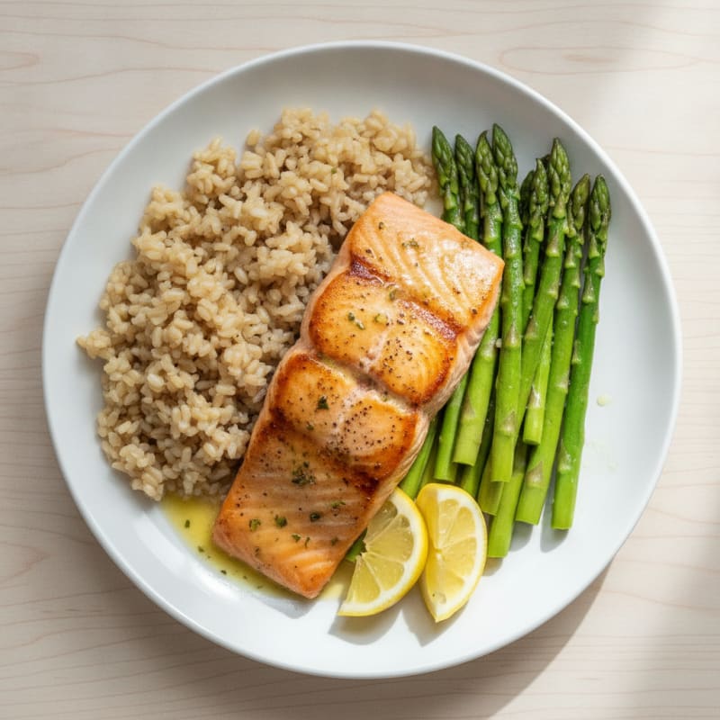 Seared Salmon with Steamed Asparagus and Brown Rice