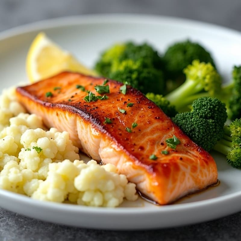 Seared Salmon with Roasted Broccoli and Garlic Mashed Cauliflower
