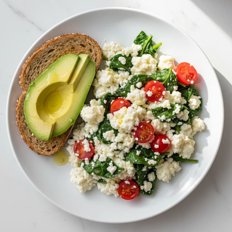 Cottage Cheese Egg White Scramble with Spinach and Tomatoes