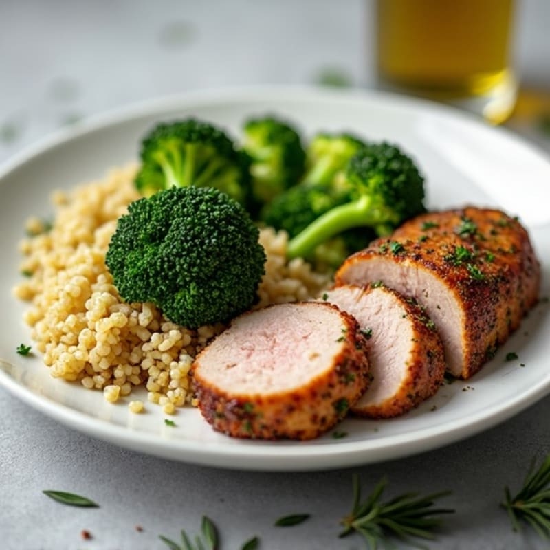 Herb-Crusted Pork Tenderloin with Garlic Broccoli and Quinoa
