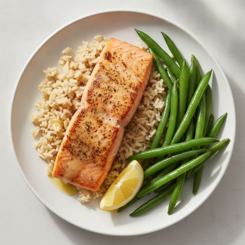 Seared Salmon Filet with Steamed Green Beans and Brown Rice